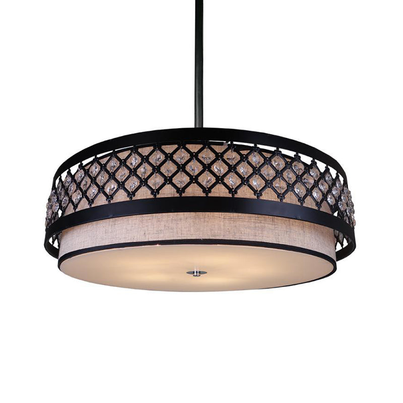 Hand Sewn Fabric Drum Pendant Farmhouse 5-Light Bedroom Chandelier Lighting with Crystal Detailing Cage Guard, Black