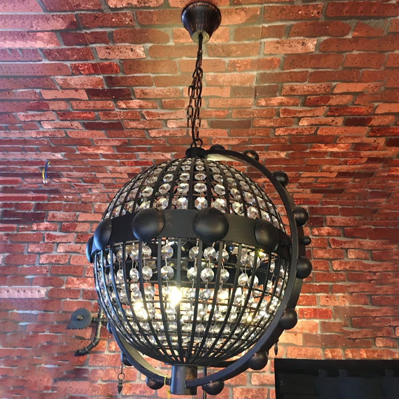 Rustic Wire Cage Globe Chandelier 6 Bulbs Beveled Crystal Pendant Ceiling Light in Black