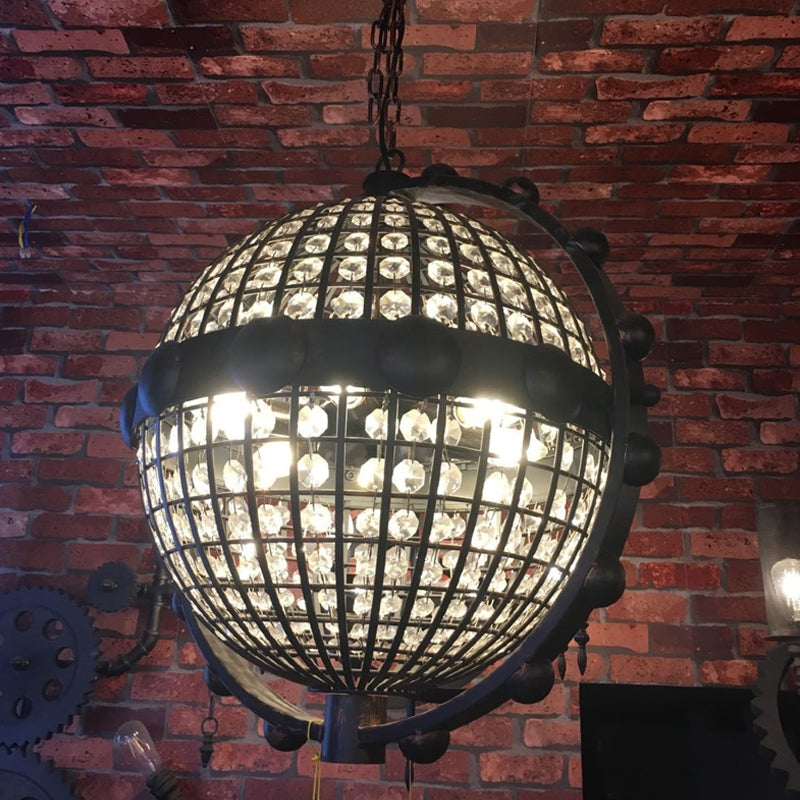 Rustic Wire Cage Globe Chandelier 6 Bulbs Beveled Crystal Pendant Ceiling Light in Black