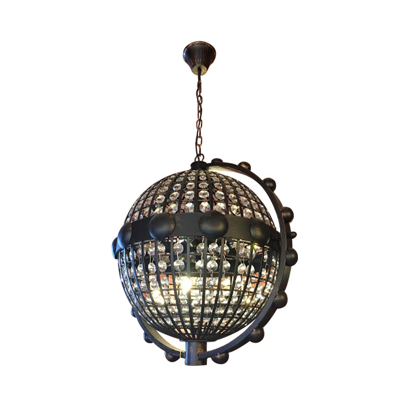 Rustic Wire Cage Globe Chandelier 6 Bulbs Beveled Crystal Pendant Ceiling Light in Black