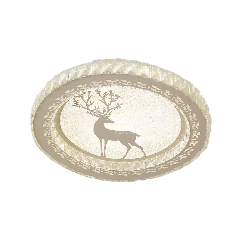 Modern Round Flush Light Fixture Clear Crystal Block LED Bedroom Ceiling Lighting in Warm/White Light with Deer Pattern
