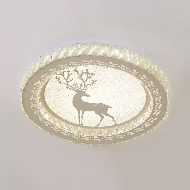 Modern Round Flush Light Fixture Clear Crystal Block LED Bedroom Ceiling Lighting in Warm/White Light with Deer Pattern