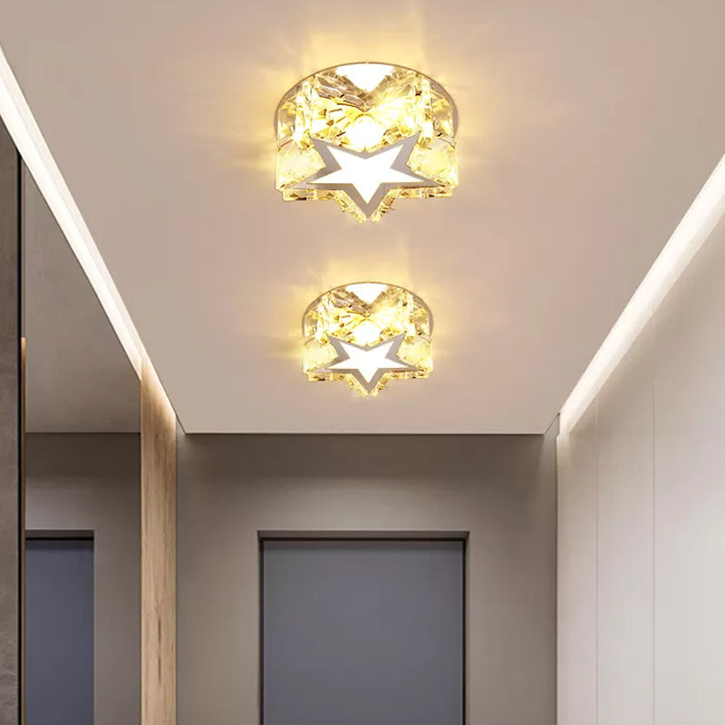 Circle/Star Flush Mount Fixture Simplicity Crystal Block Stainless-Steel LED Close to Ceiling Lighting for Corridor