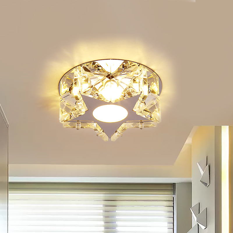 Circle/Star Flush Mount Fixture Simplicity Crystal Block Stainless-Steel LED Close to Ceiling Lighting for Corridor