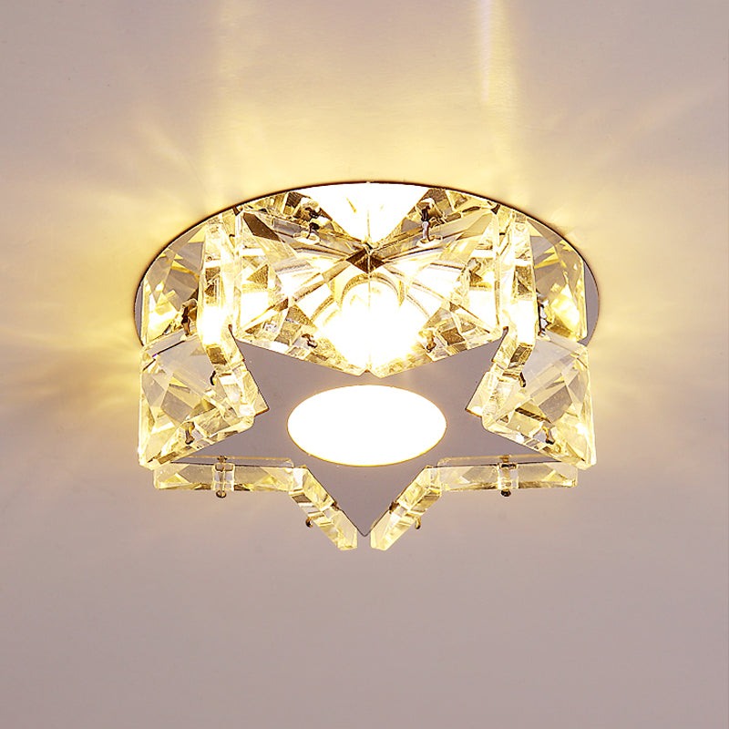 Circle/Star Flush Mount Fixture Simplicity Crystal Block Stainless-Steel LED Close to Ceiling Lighting for Corridor