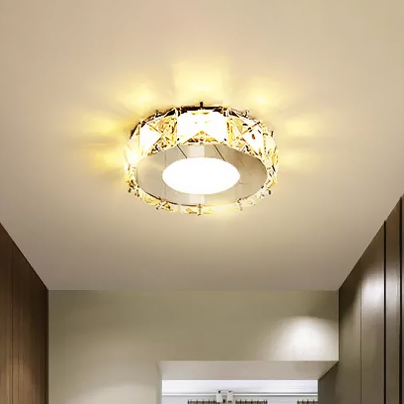Circle/Star Flush Mount Fixture Simplicity Crystal Block Stainless-Steel LED Close to Ceiling Lighting for Corridor