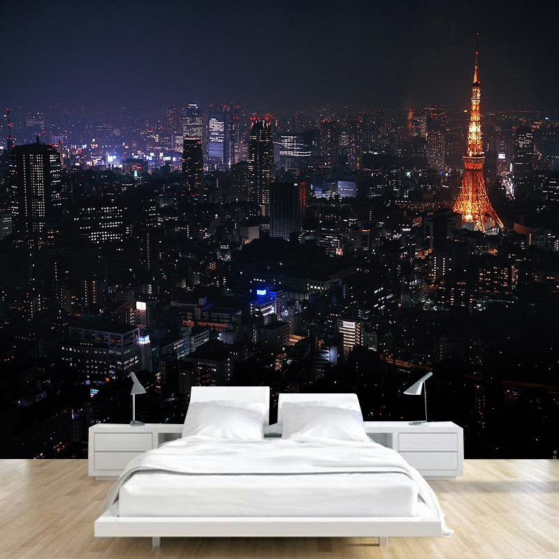 Photograph Night City Scenery Mural for Living Room, Dark Color, Personalized Size
