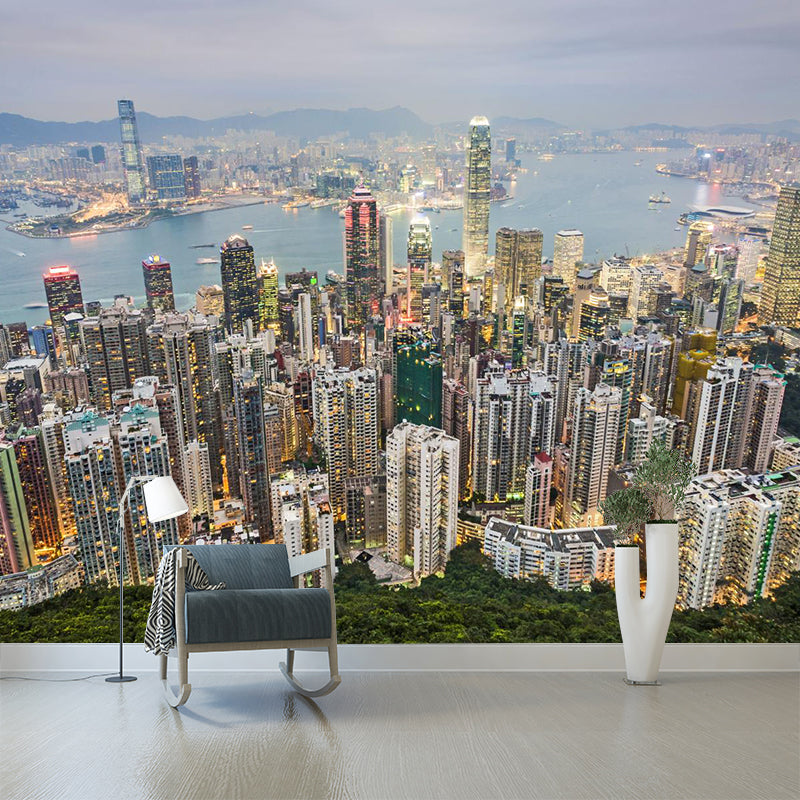 Full Size Cityscape Mural Decal Modern Enchanting Skyscrapers at Night Wall Art in Dark Color