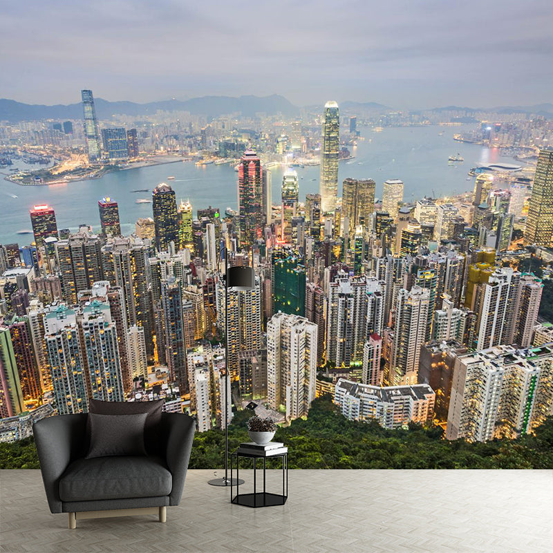 Full Size Cityscape Mural Decal Modern Enchanting Skyscrapers at Night Wall Art in Dark Color