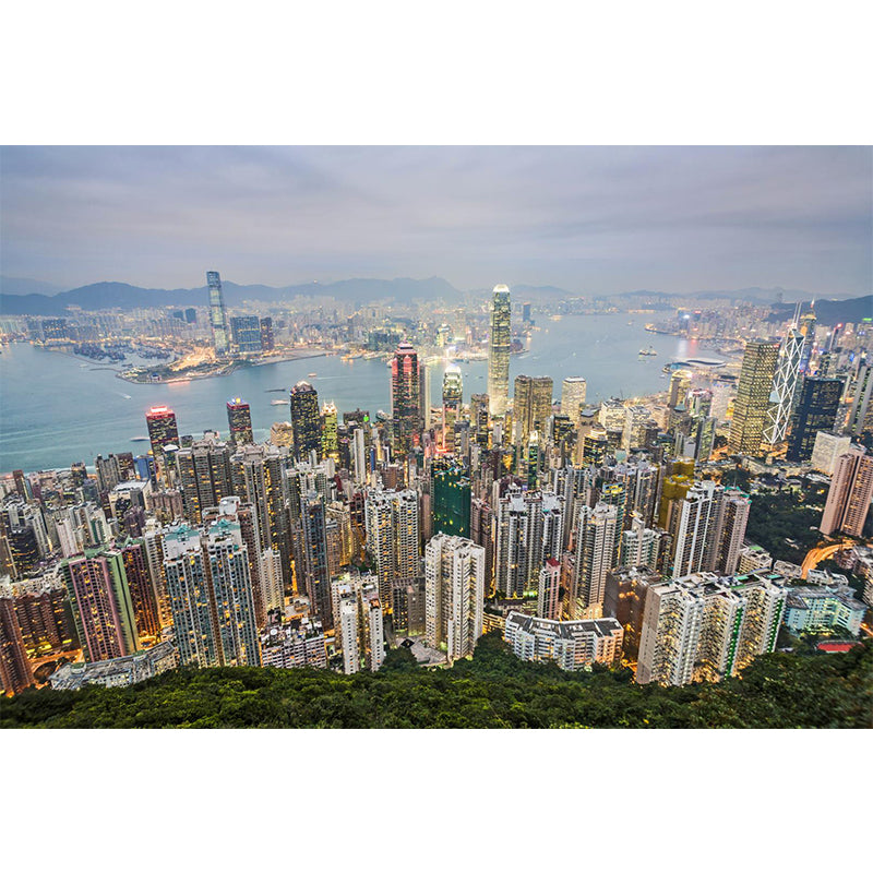 Full Size Cityscape Mural Decal Modern Enchanting Skyscrapers at Night Wall Art in Dark Color