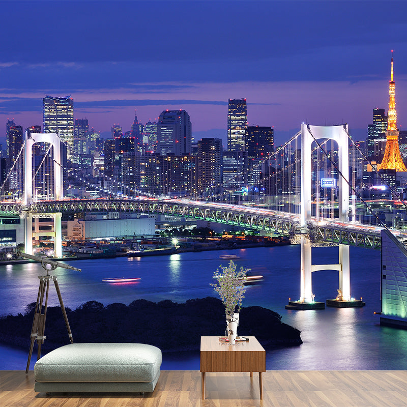 Full Size Cityscape Mural Decal Modern Enchanting Skyscrapers at Night Wall Art in Dark Color