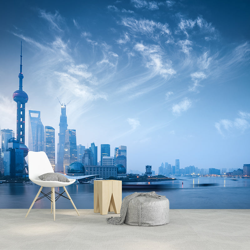 Full Size Cityscape Mural Decal Modern Enchanting Skyscrapers at Night Wall Art in Dark Color