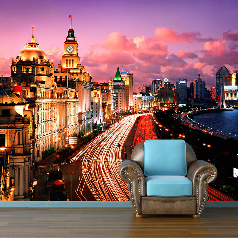 Urban Night City View Mural Bright Stain Resistant Wall Covering for Living Room