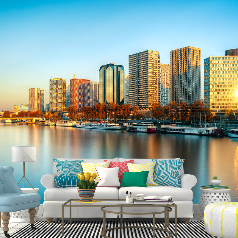 Urban Night City View Mural Bright Stain Resistant Wall Covering for Living Room