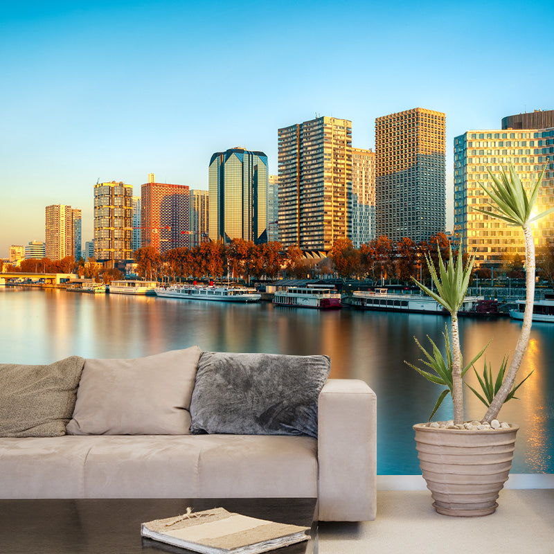 Urban Night City View Mural Bright Stain Resistant Wall Covering for Living Room