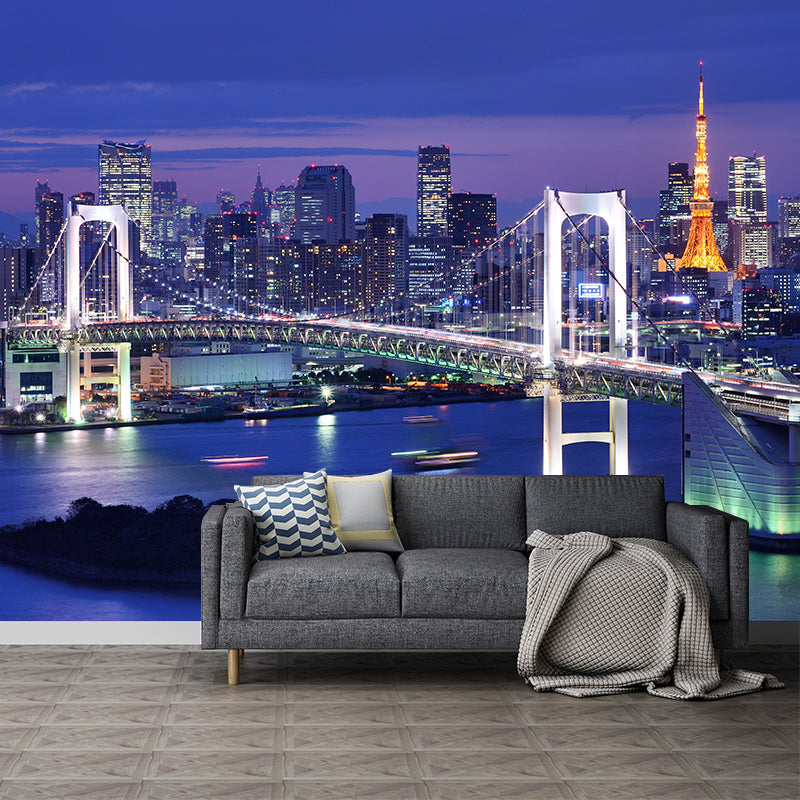 Urban Night City View Mural Bright Stain Resistant Wall Covering for Living Room