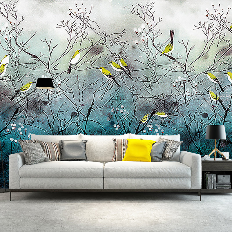 Illustration Bird on Branches Mural Large Wall Decor for Living Room, Made to Measure