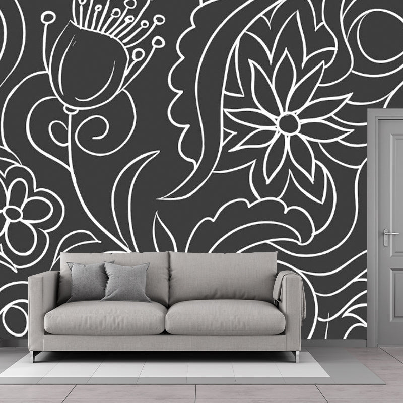 Black and White Minimalist Mural Wallpaper Whole Floral Wall Art for Living Room