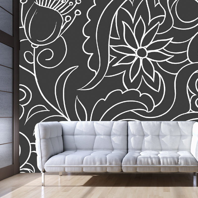 Black and White Minimalist Mural Wallpaper Whole Floral Wall Art for Living Room