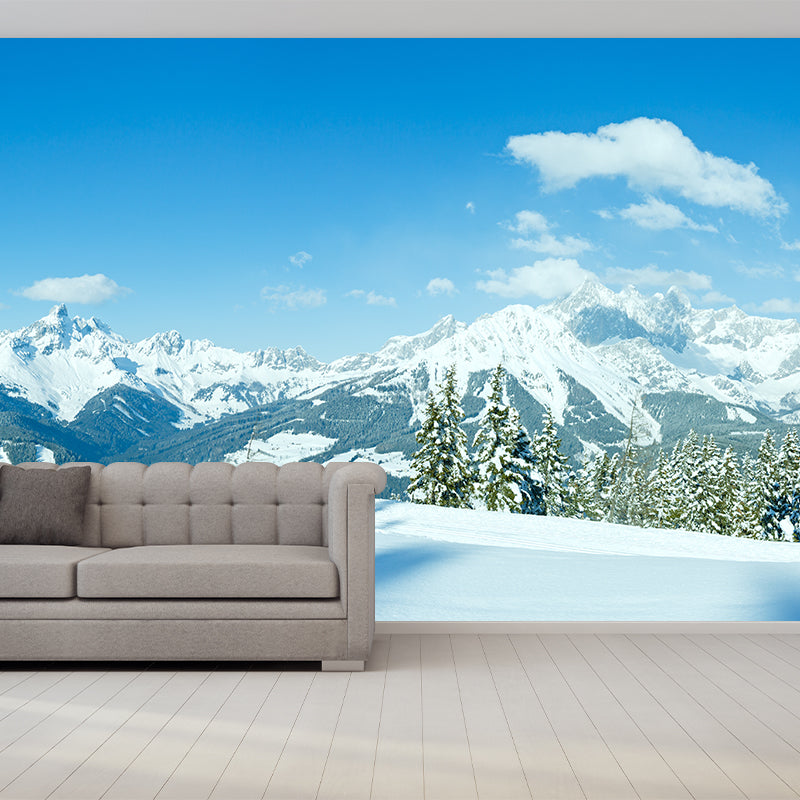 Huge Snow Scenery Mural Modern Beautiful Pine Tree and Road Wall Covering in Blue-White