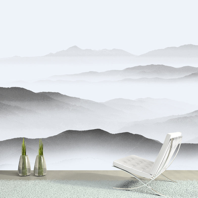 Asian Misty Mountain Mural Decal Soft Grey Living Room Wall Covering, Custom Size Available