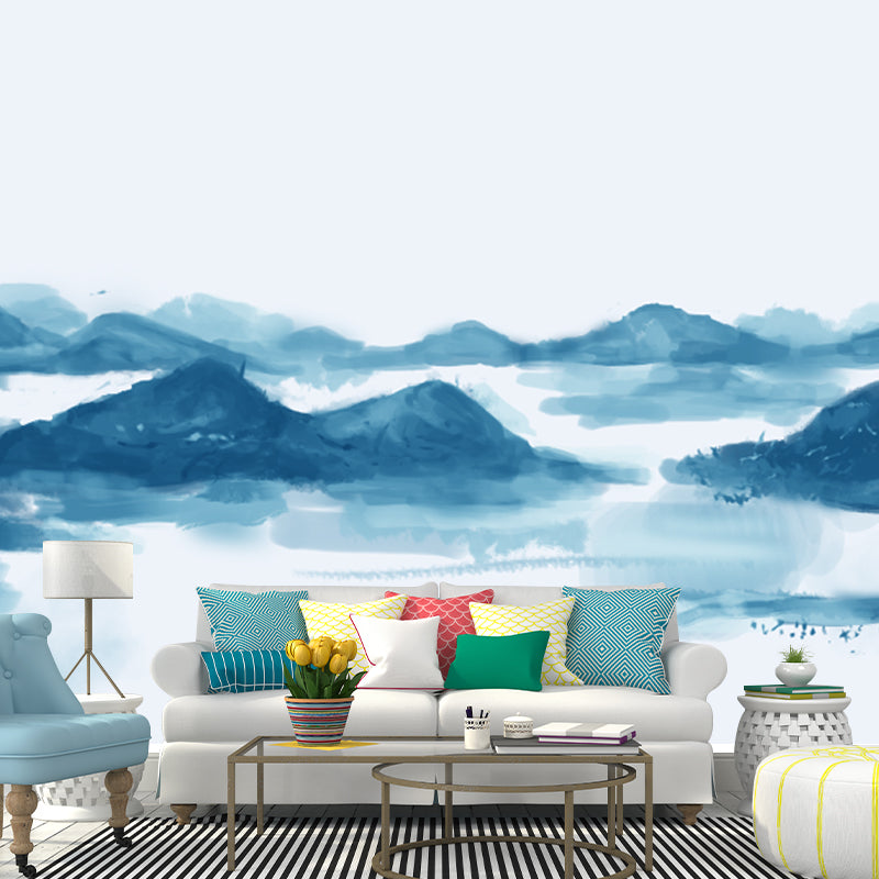 Chinese Smoggy Mountain Mural Non-Woven Moisture Resistant Light Blue Wall Covering for Bedroom