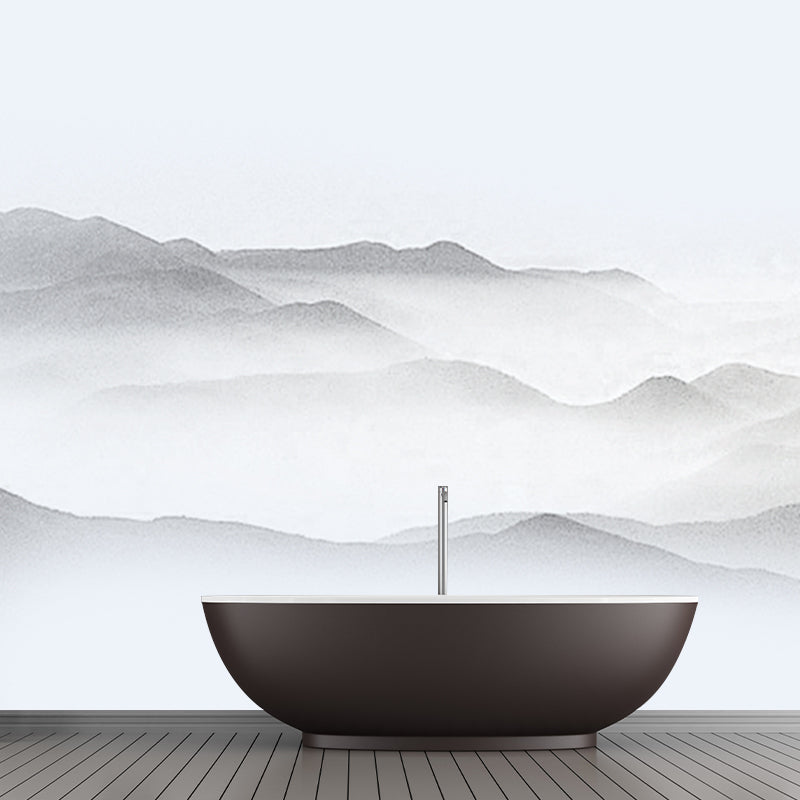 Extra Large Asian Mural Wallpaper in Gray Smoggy Mountain Wall Decor, Custom Printed