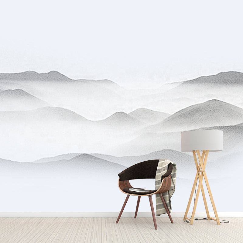 Extra Large Asian Mural Wallpaper in Gray Smoggy Mountain Wall Decor, Custom Printed