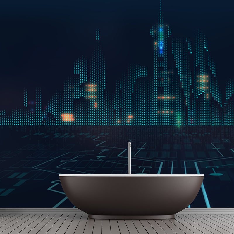 Dark Blue City Architectural Mural Moisture Resistant Wall Covering for Adults Room