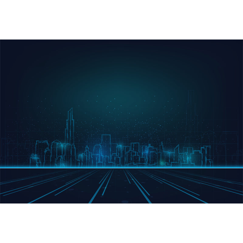 Extra Large Illustration Fictional Mural Wallpaper Downtown Landscape in Dark Blue