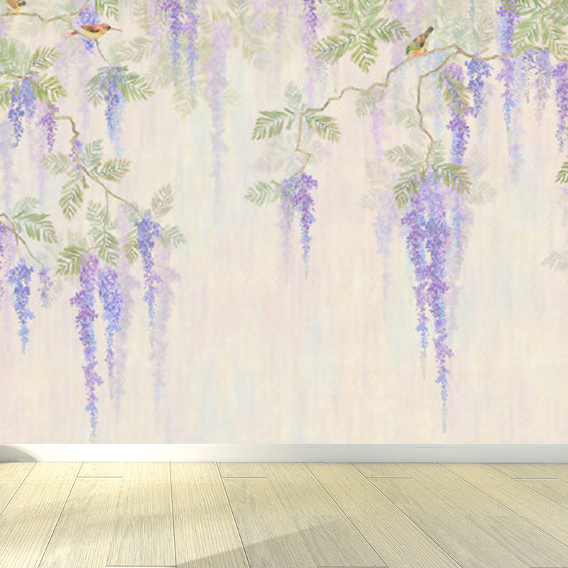 Full Size Illustration Modern Mural Decal with Flowers Trees and Birds in Soft Color