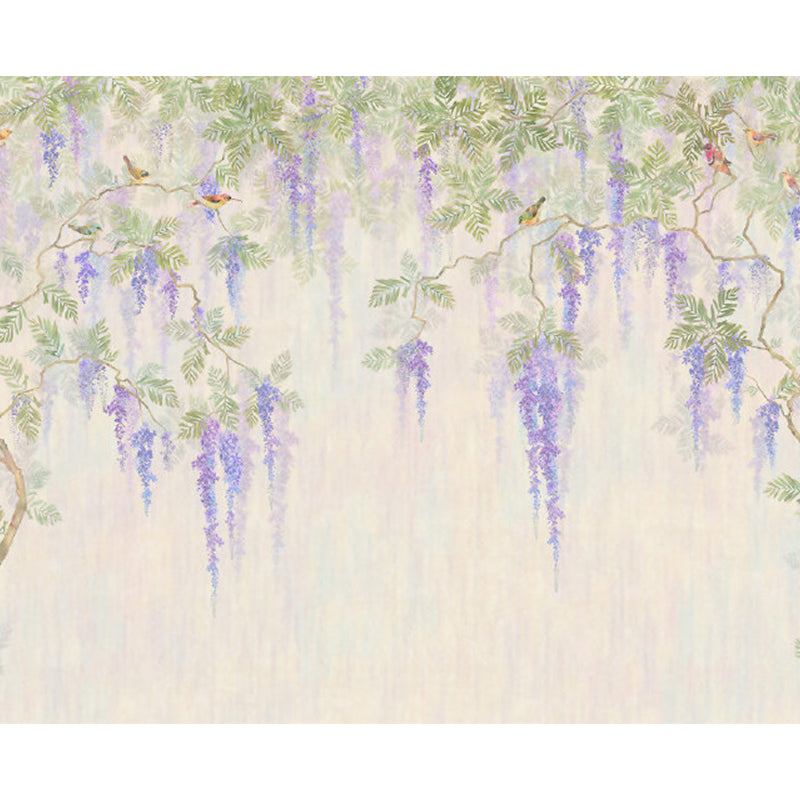 Full Size Illustration Modern Mural Decal with Flowers Trees and Birds in Soft Color