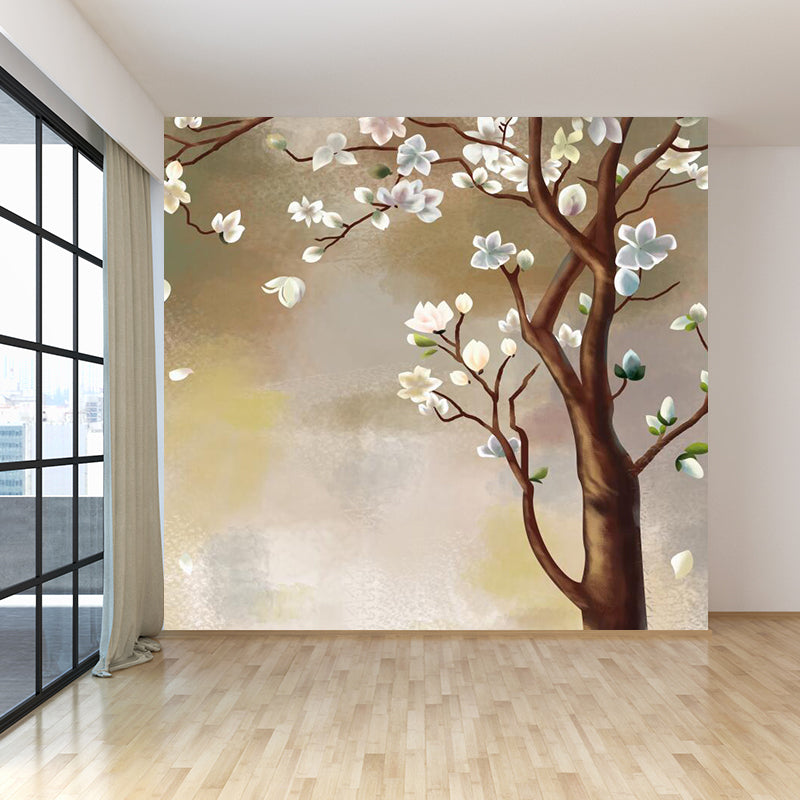 Contemporary Flower Branch Mural Soft Color Stain-Proofing Wall Art for Playroom