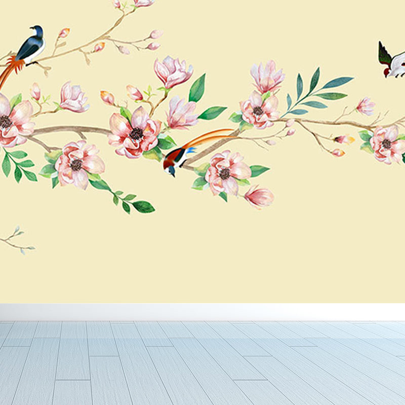 Contemporary Flower Branch Mural Soft Color Stain-Proofing Wall Art for Playroom