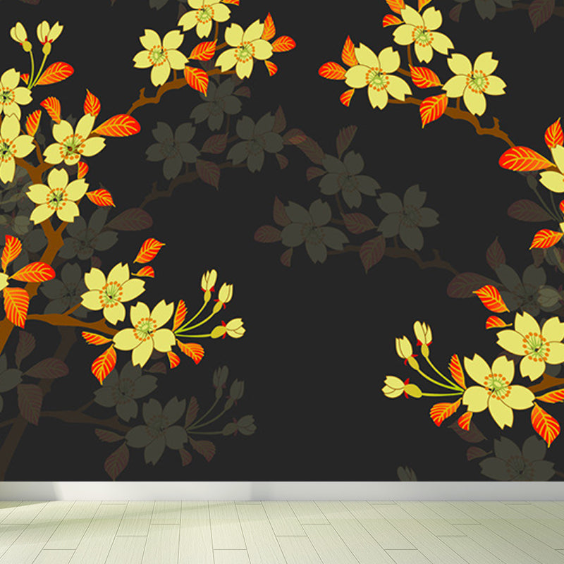 Contemporary Flower Branch Mural Soft Color Stain-Proofing Wall Art for Playroom