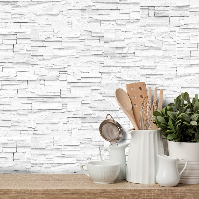White Brick Wallpaper Panel Set Self-Sticking Simple Style Kitchen Wall Art, 8' L x 4" W