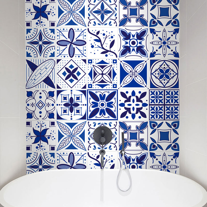 Blue Leaf Print Wallpaper Panels Peel and Stick Bohemian Style Bathroom Wall Art
