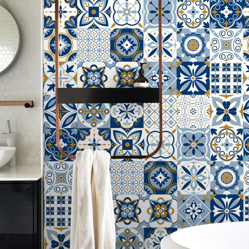 Boho-Chic Floral Wallpaper Panels PVC Self Adhesive Blue Wall Decor for Washroom