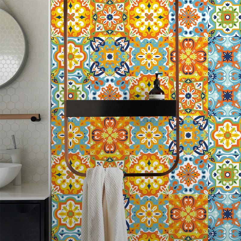 Flower Adhesive Wallpaper Panels Boho Beautiful Tiles Wall Covering in Orange, 8' x 8"