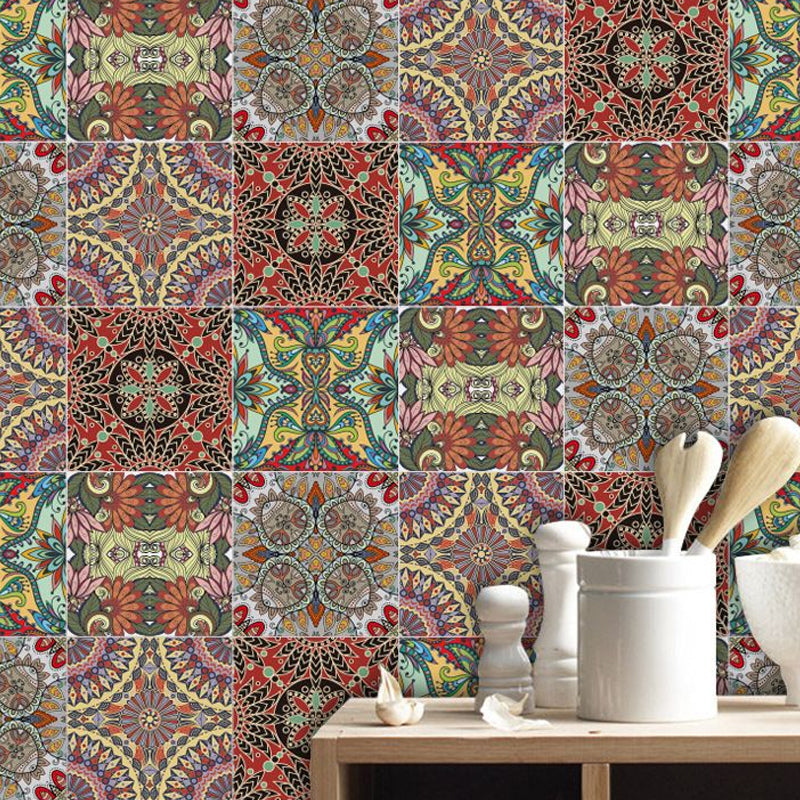 Botanics Indian Pattern Wallpaper Panels 50 Pcs Boho PVC Wall Covering in Red, Self-Stick