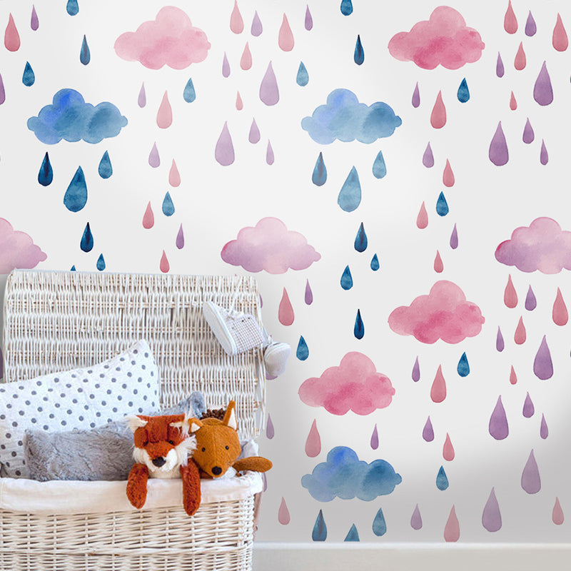 Cloud and Raindrop Peel Wallpaper Panels Childrens Art Nursery Wall Decor, 4' L x 20.5" W