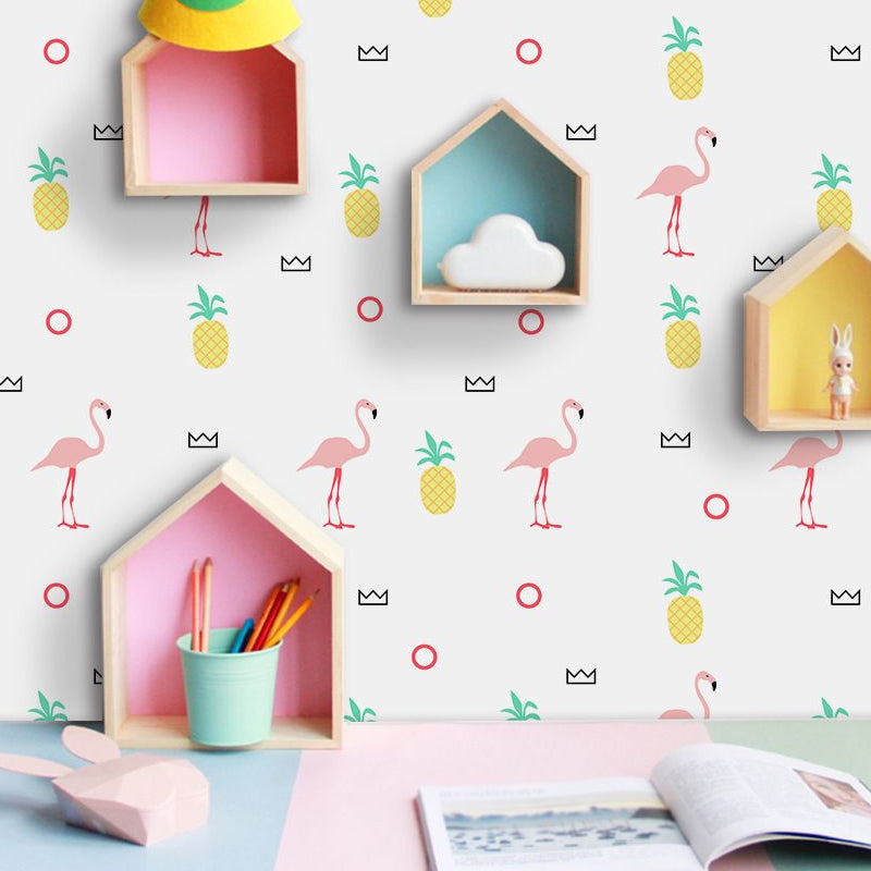 Self-Sticking Cartoon Wallpaper Panel Set Yellow-Pink Flamingo and Pineapple Print Wall Art, 4' x 20.5"