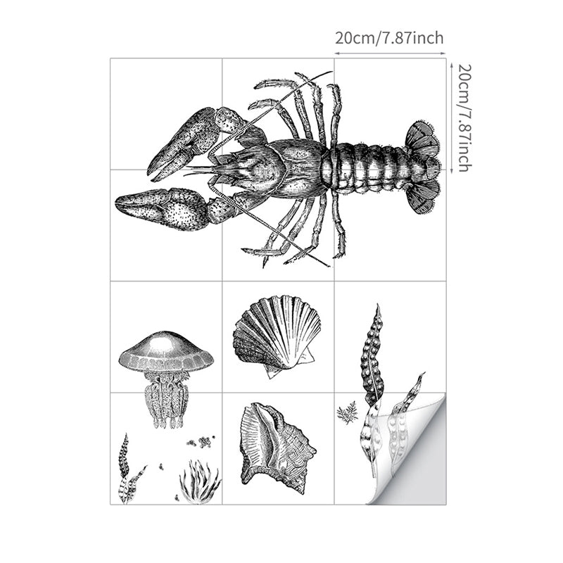 Stick On Grey Kids Wallpaper Panels 8' x 8" Lobster and Sea Shell Pattern Wall Art for Home