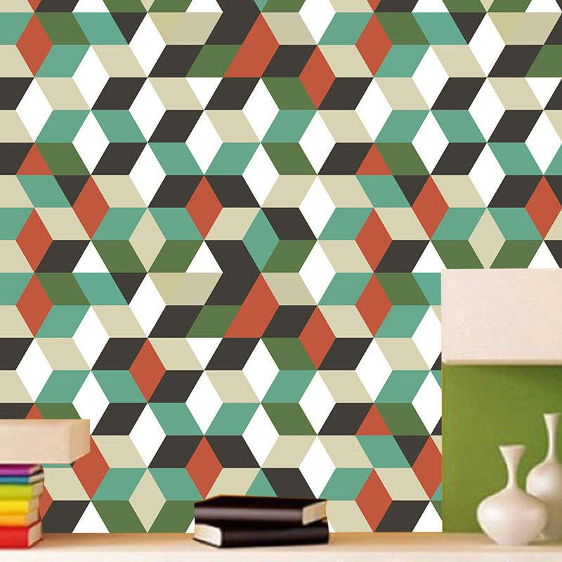 3D Cube Peel Wallpaper Panels Modern Amazing Matrix Wall Covering in Green, 4' x 20.5"