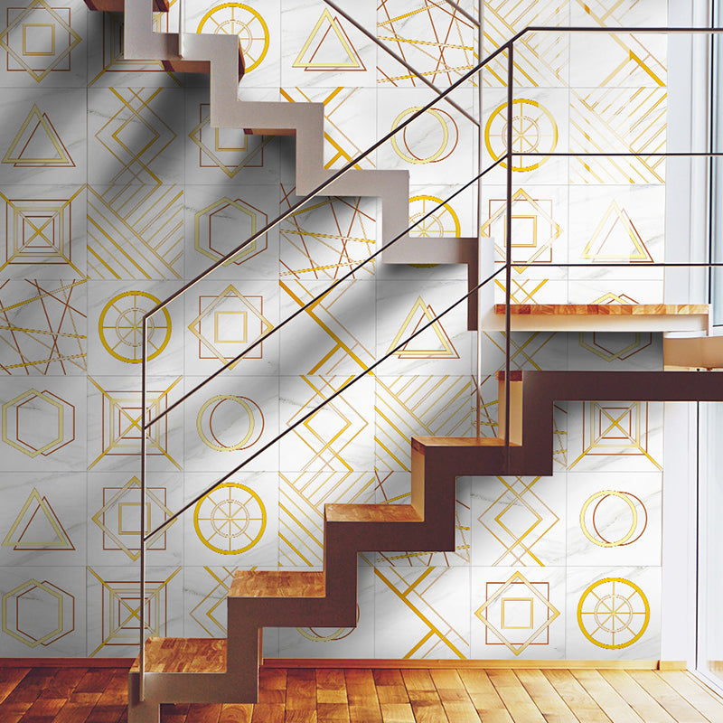 Geometrical Peel Wallpaper Panel Set Contemporary PVC Wall Decor in Gold on White