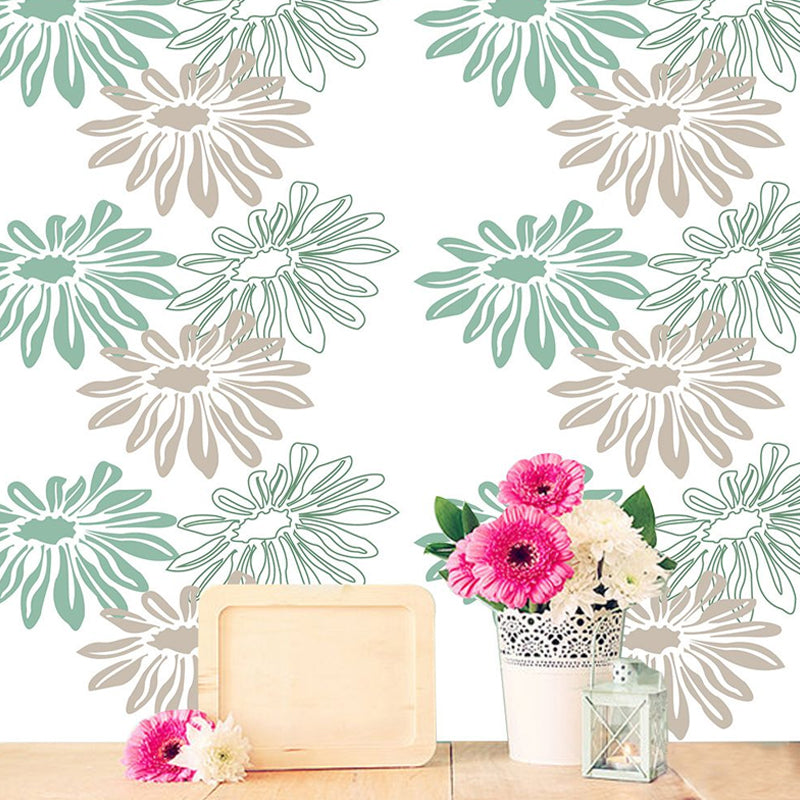 Rustic Daisy Flower Wallpaper Panels PVC Easy Peel off Green Wall Covering for Home