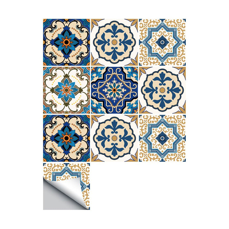 Blue Moroccan Wallpaper Panel Set 8' x 8" Flower Tiles Peel off Wall Decor for Kitchen
