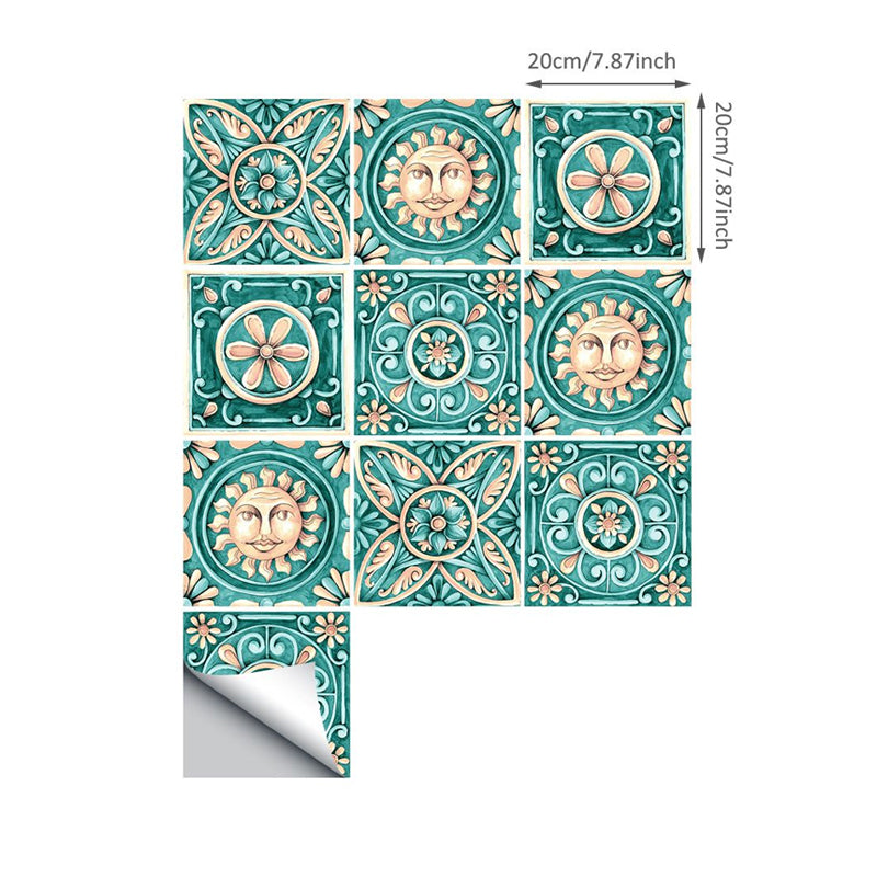 Egypt Tribal Pattern Stick Wallpapers Green Faux Embossed Sun and Flower Tile Wall Decor