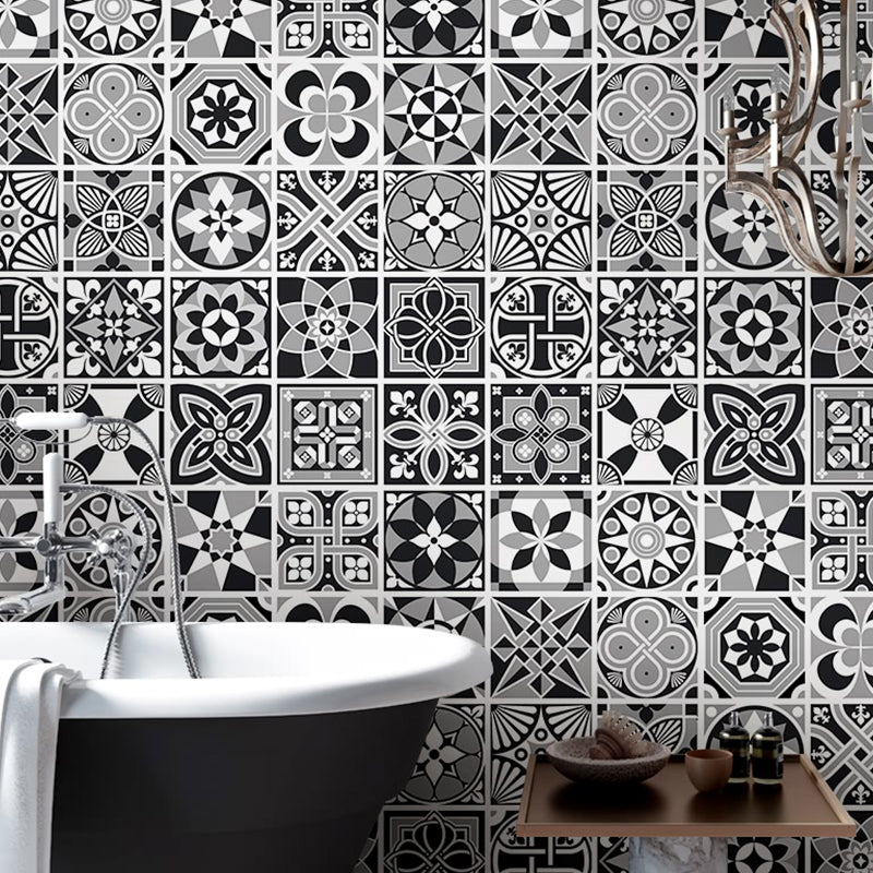 Mediterranean Petal Tiles Wallpaper Roll PVC Self Sticking Grey Wall Covering for Bathroom