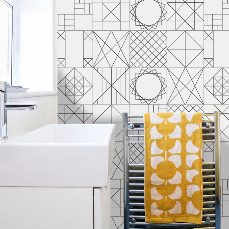 Grey Geometric Sketch Wallpapers Peel and Paste Wall Art for Washroom, 8' L x 8" W